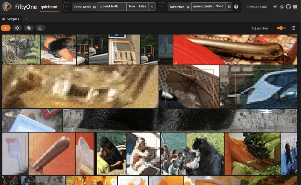 View containing object patches of potentially spurious ground truth detection labels in the FiftyOne Quickstart Dataset, a subset of MS COCO.