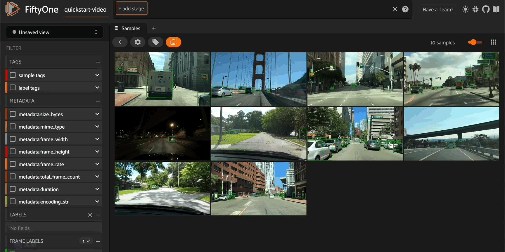 Natural language video search in FiftyOne to find video frames with cars in an intersection
