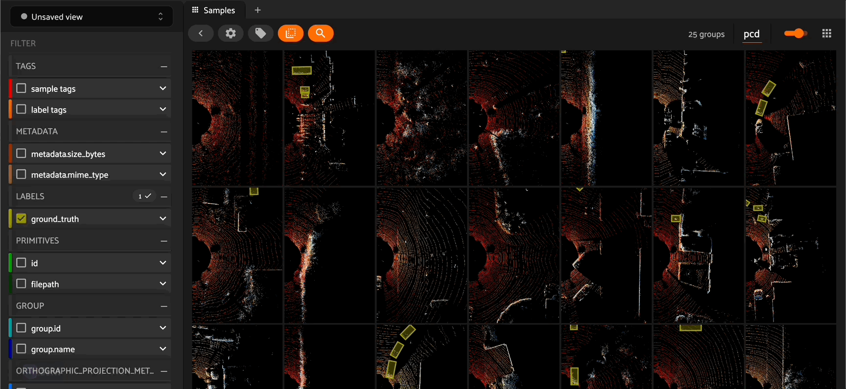 Bird's eye view images for a grouped dataset with multiple point cloud slices